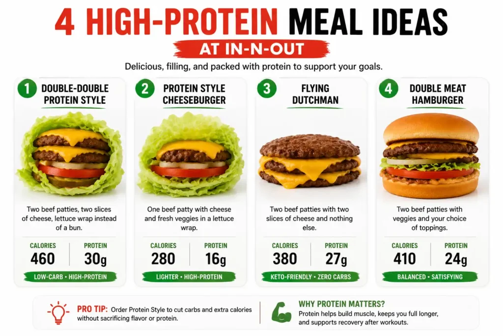 Best high-protein meals at In-N-Out featuring Protein Style burgers, Flying Dutchman, and Double Meat Burger with estimated protein amounts.