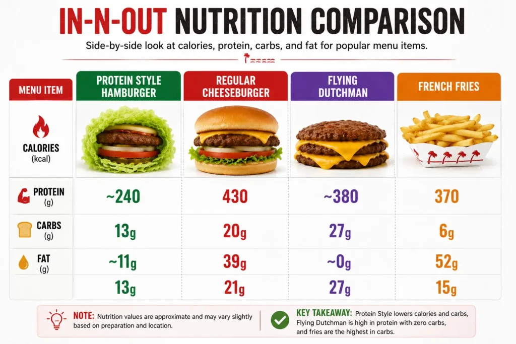 Comparison of In-N-Out Protein Style Burger, Regular Cheeseburger, Flying Dutchman, and Fries showing calories, protein, carbs, and fat.